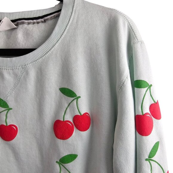 Relaxx Cherry Print Pull Over Cropped Light Green Long Sleeve Sweatshirt Top - Picture 3 of 6